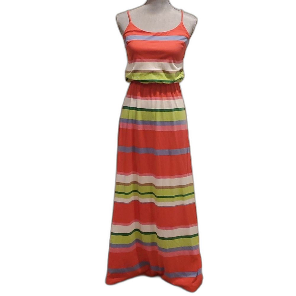 Gap colorful orange red lime green stripe cotton maxi dress size xs